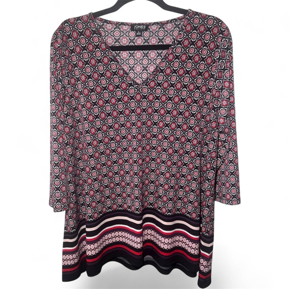 Jones New York Womens L Geometric Print Tunic Top 3/4 Sleeve V Neck Black Red